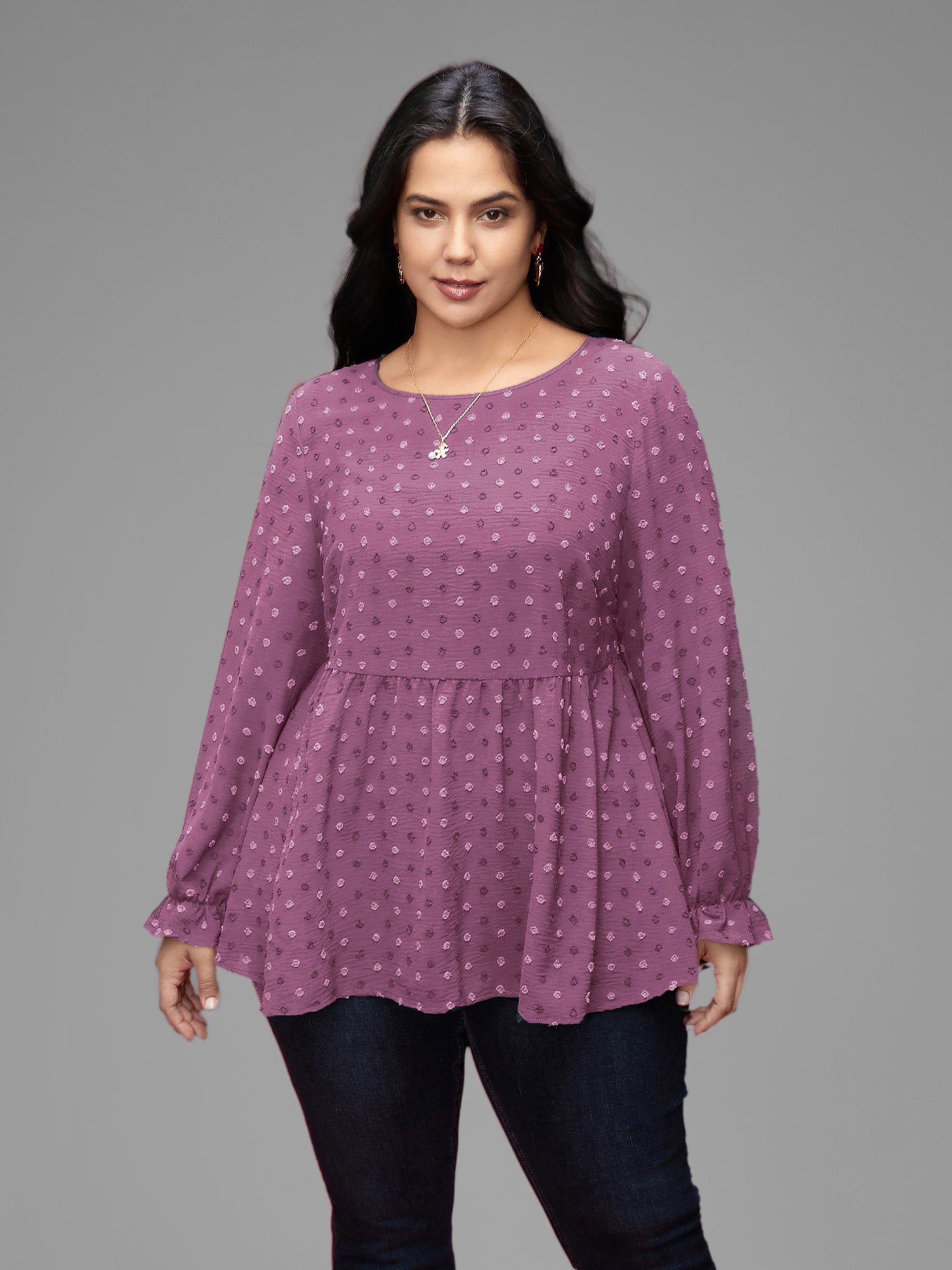 Textured Dot Elastic Cuffs A-line Blouse